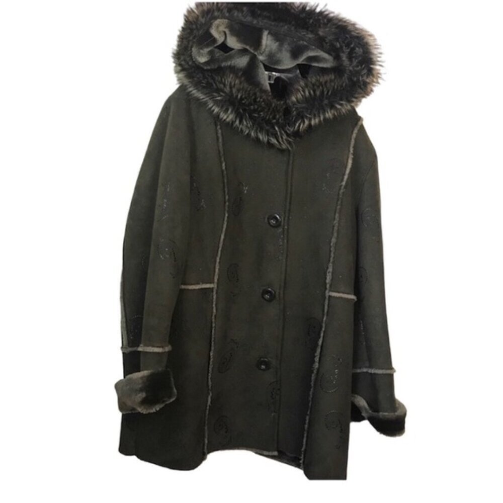 PIZAZZ Vintage Y2K Faux Fur Shearling Hood Paisley Coat Jacket Cozy Fur Lined L